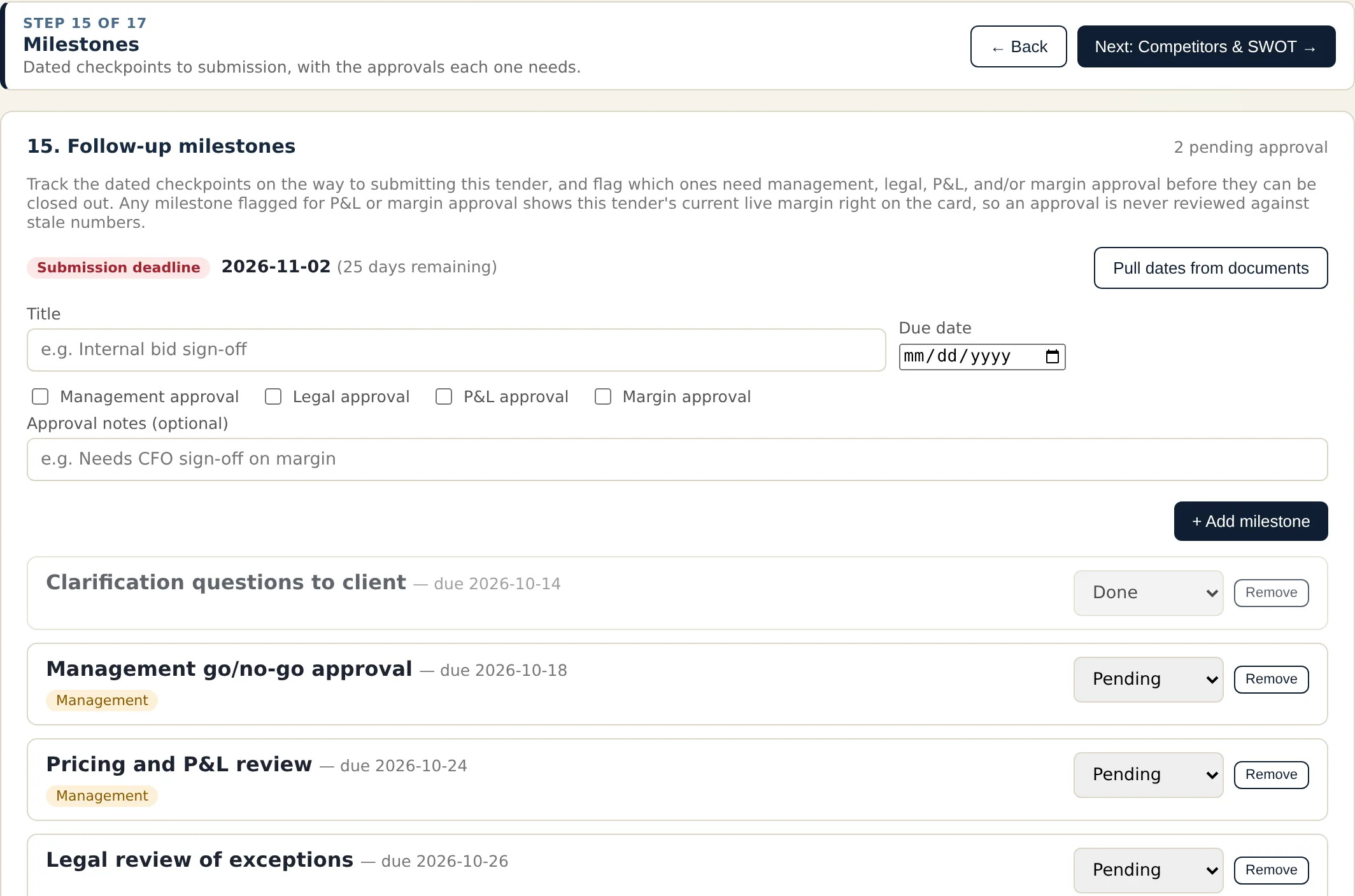 TenderLine screen: Step 15 · Milestones